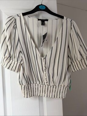 Cream and Black Vertical Stripe V-Neck Smocked Crop Top